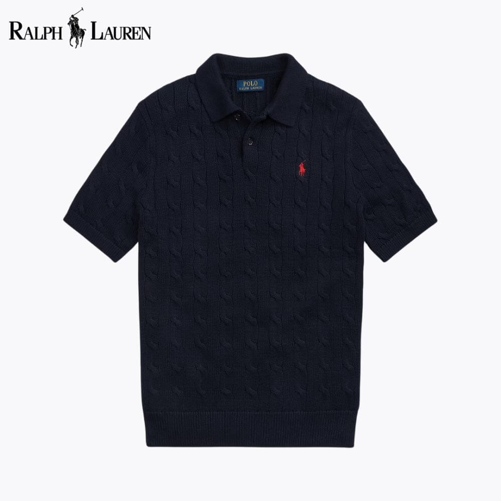 RL Cable-Knit Cotton Polo-Collar Sweater Ralph Lauren Luxvian Blue Navy S 